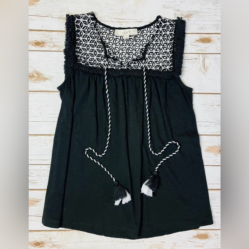 Loft Black White Embroidered Fringe Tank Top Tassels Size XS
